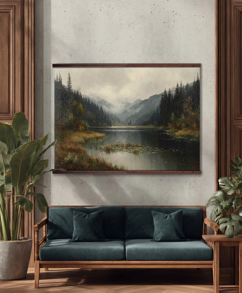 Misty Mountain Lake Wall Hanging — Extra Large Moody Landscape Tapestry | Ready to Hang