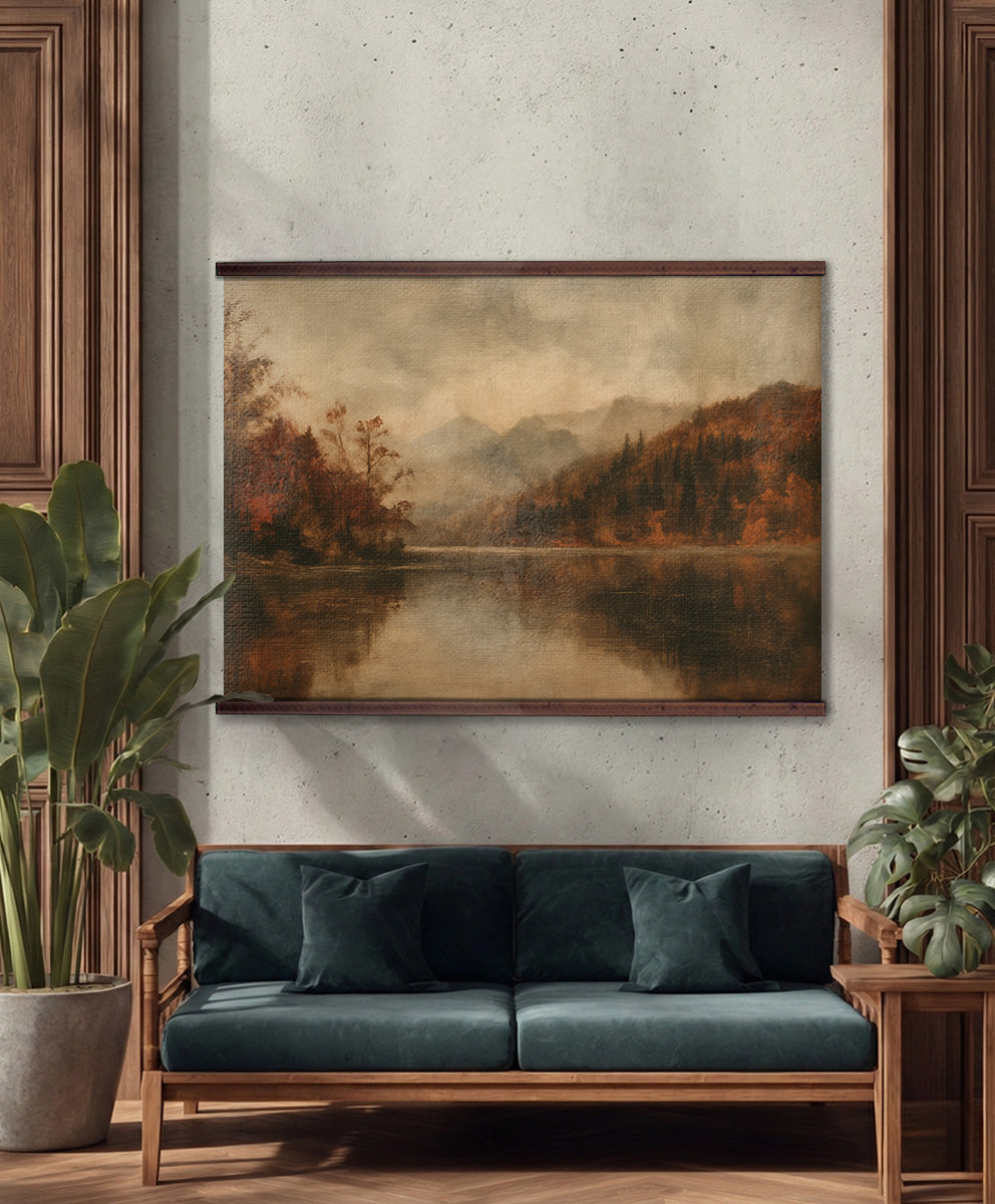Autumn Lake Wall Hanging — Extra Large Moody Landscape Tapestry | Ready to Hang