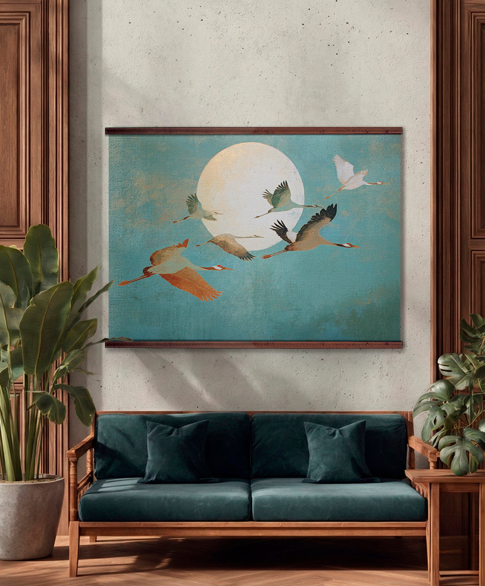 Flying Cranes Wall Art Canvas – Japanese Inspired Moon & Birds Nature Artwork