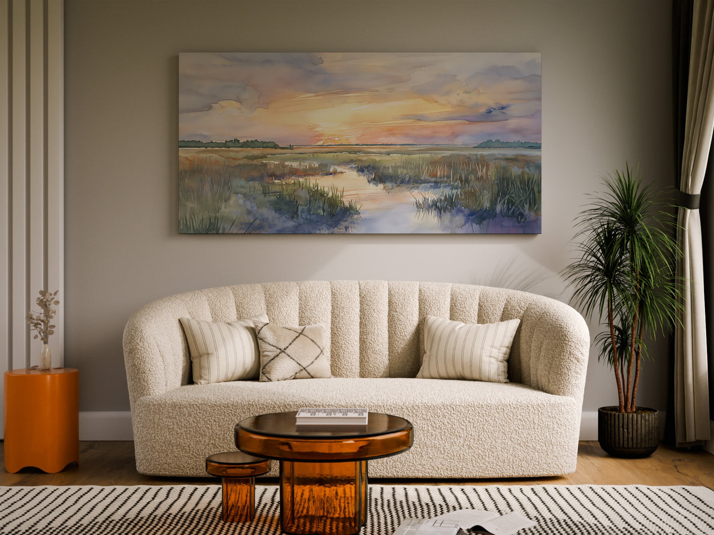 Watercolor Marsh Sunset Wrapped Canvas — Soft Coastal Landscape Wall Art | Serene Nature Décor
