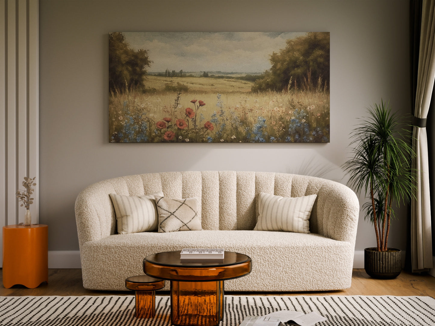 Countryside Wildflower Wrapped Canvas — Soft Summer Landscape Wall Art | Cozy Nature Décor