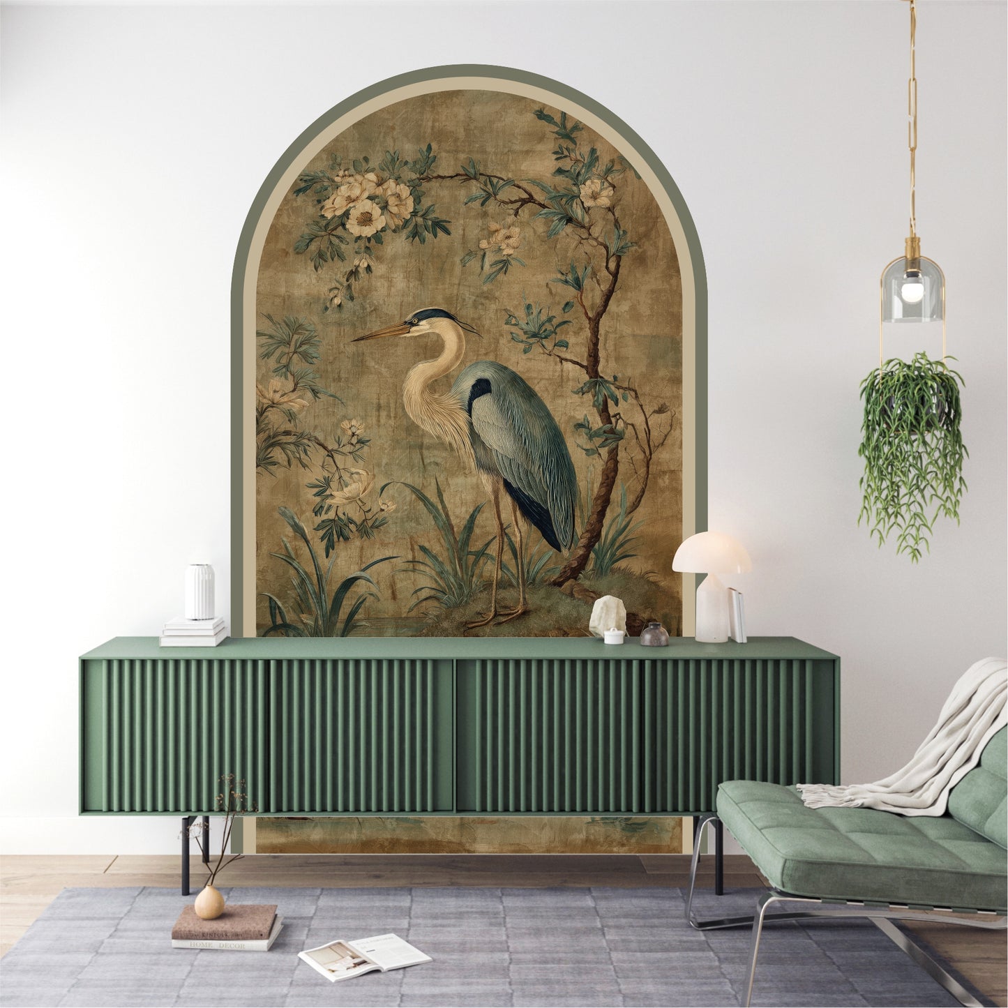 Blue Heron Peel & Stick Arch Wallpaper – Vintage Botanical Removable Wall Mural