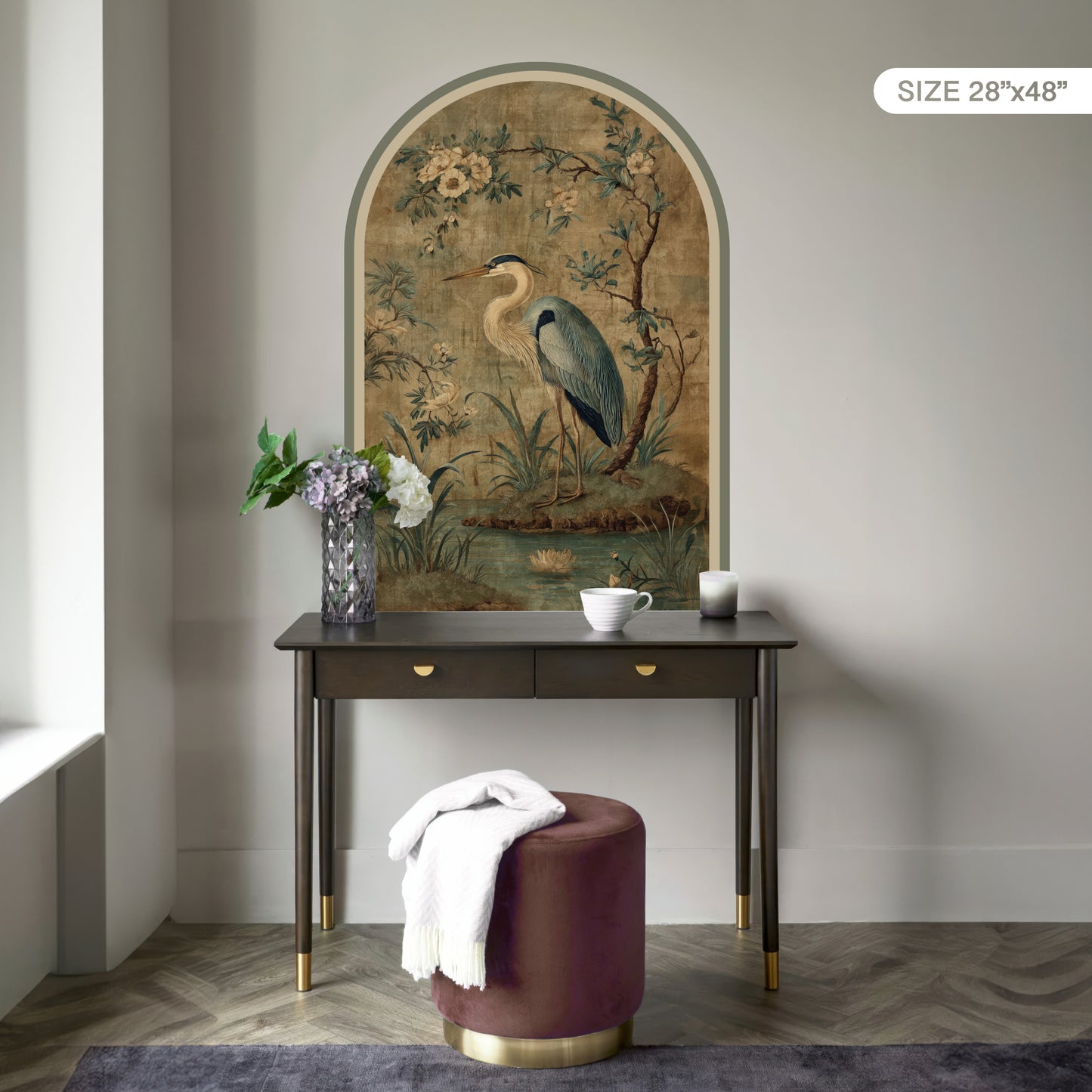 Blue Heron Peel & Stick Arch Wallpaper – Vintage Botanical Removable Wall Mural