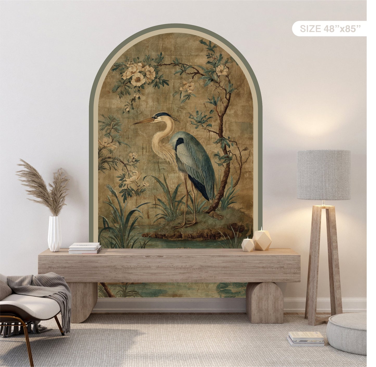 Blue Heron Peel & Stick Arch Wallpaper – Vintage Botanical Removable Wall Mural