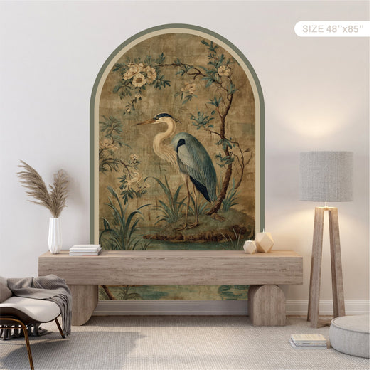 Blue Heron Peel & Stick Arch Wallpaper – Vintage Botanical Removable Wall Mural