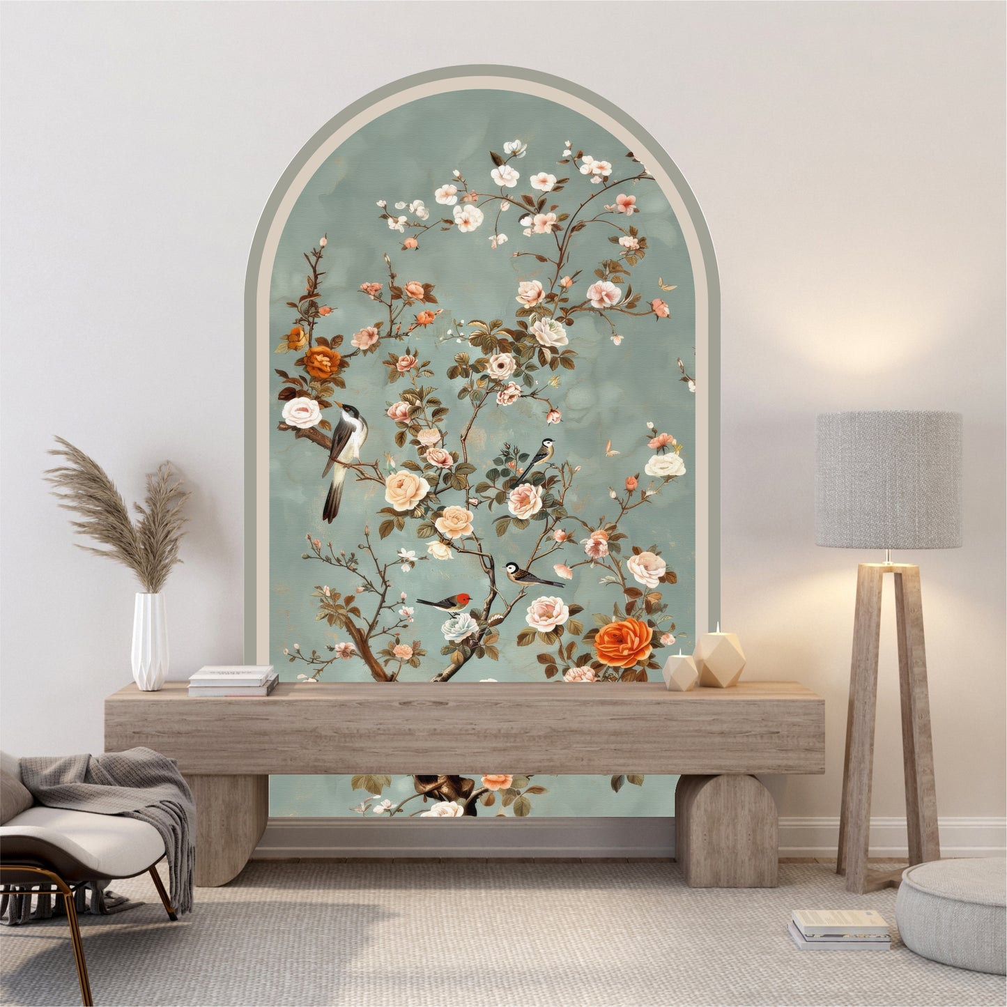 Vintage Floral Bird Peel and Stick Wall Mural – Removable Botanical Wallpaper Arch