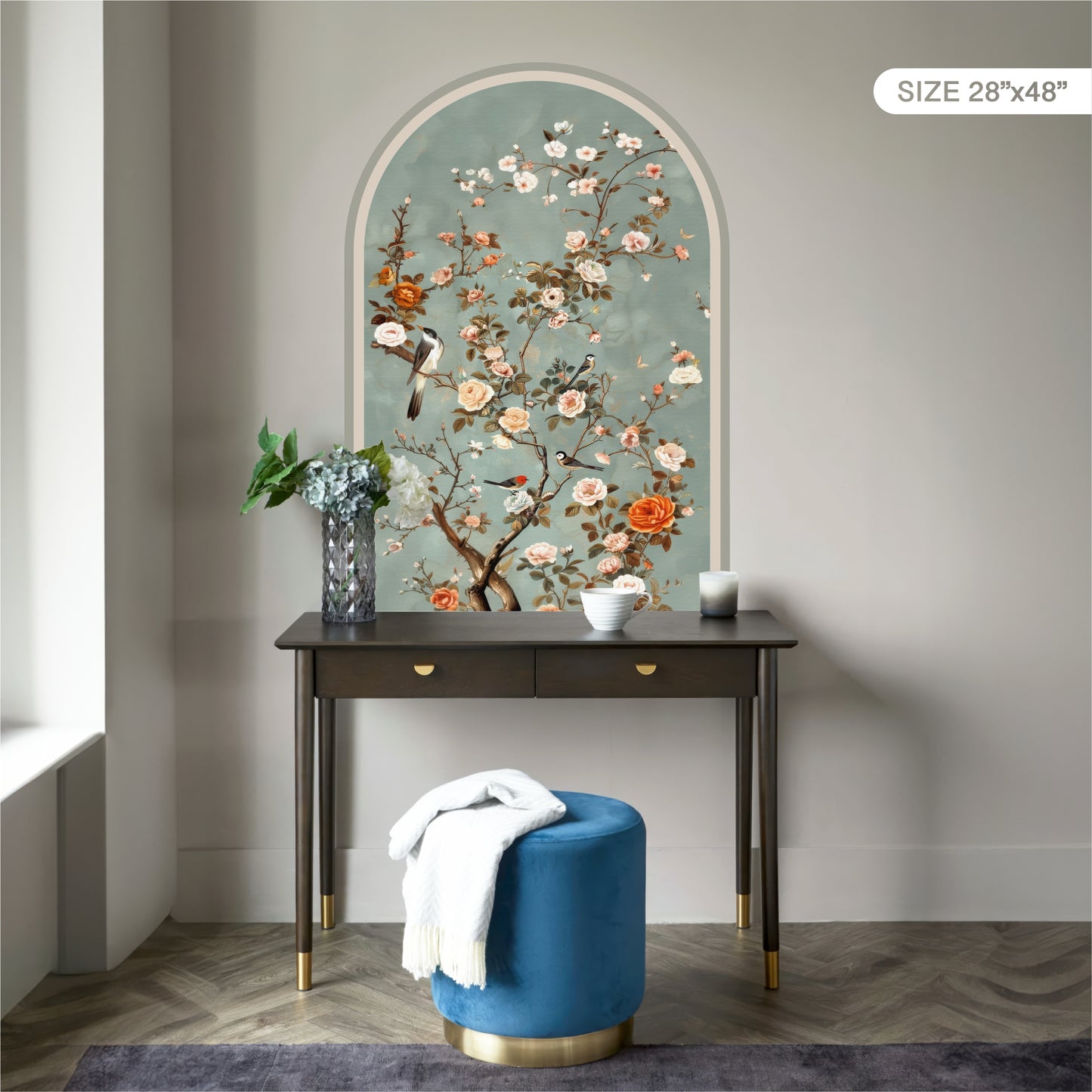 Vintage Floral Bird Peel and Stick Wall Mural – Removable Botanical Wallpaper Arch