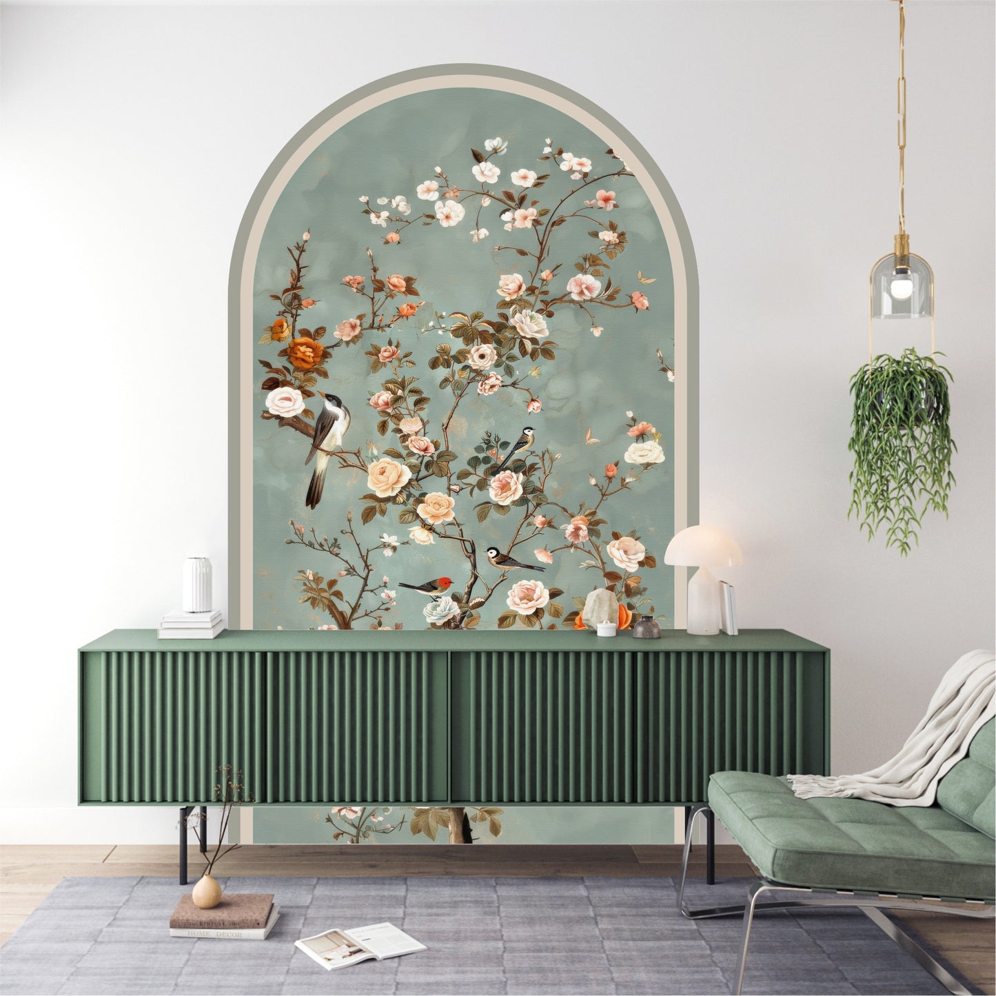 Vintage Floral Bird Peel and Stick Wall Mural – Removable Botanical Wallpaper Arch