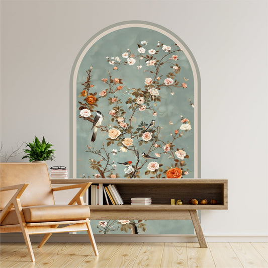 Vintage Floral Bird Peel and Stick Wall Mural – Removable Botanical Wallpaper Arch