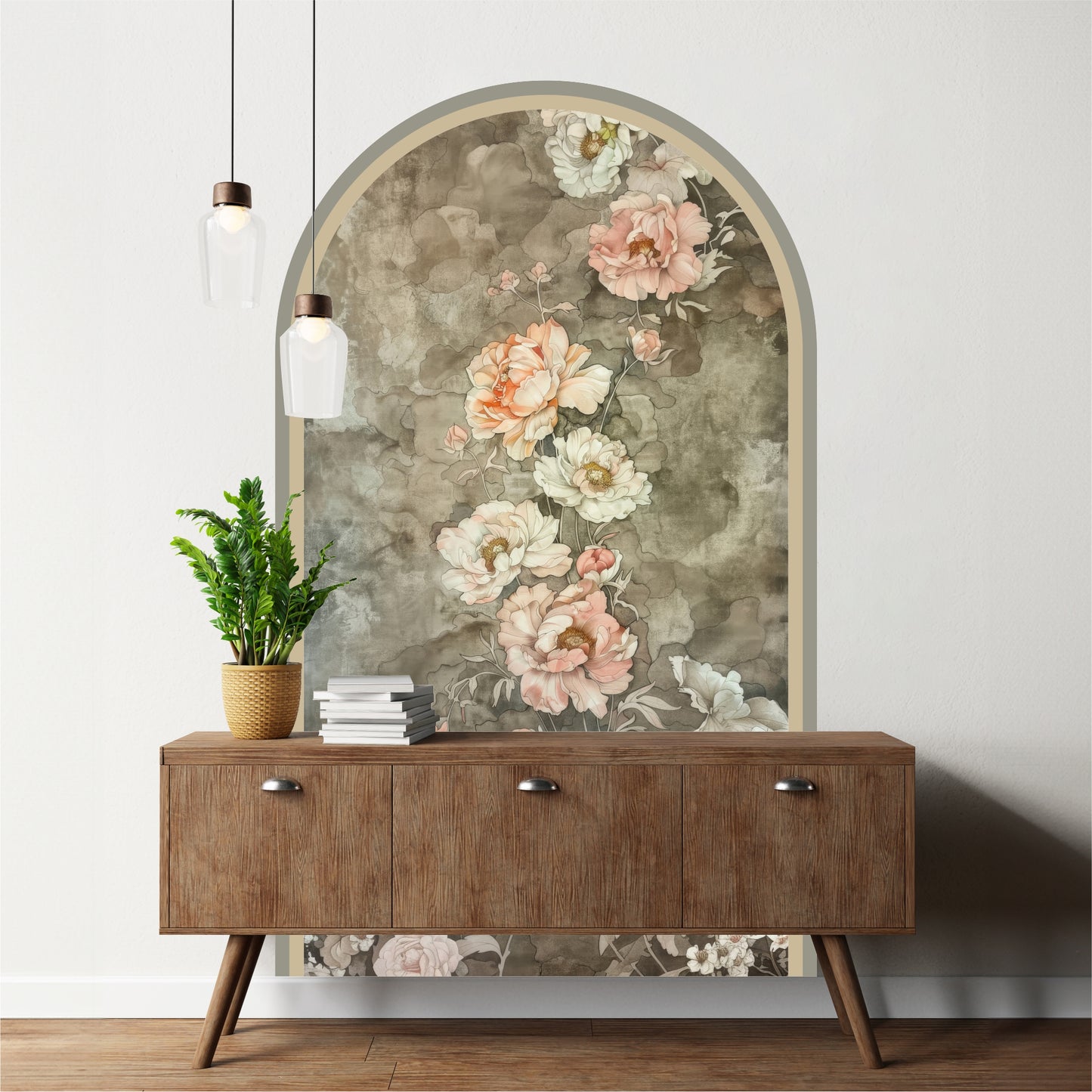 Moody Vintage Floral Peel & Stick Arch Wallpaper – Removable Botanical Wall Mural