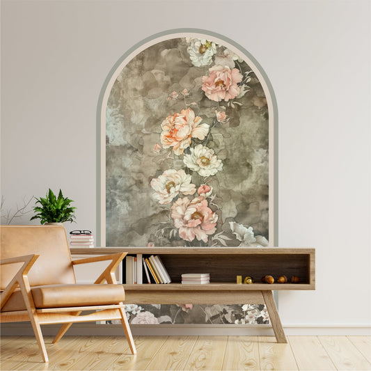 Moody Vintage Floral Peel & Stick Arch Wallpaper – Removable Botanical Wall Mural