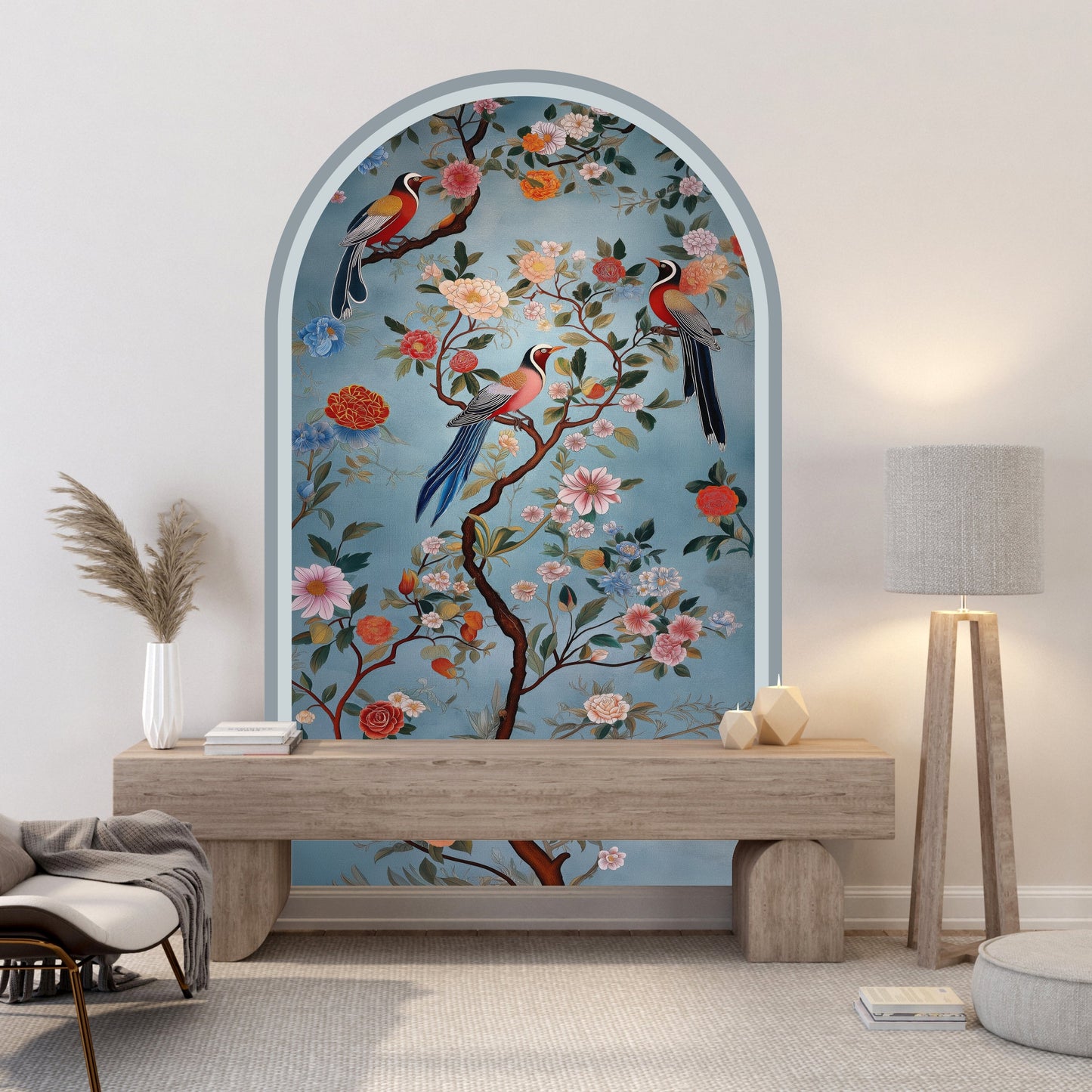 Chinoiserie Floral Birds Peel & Stick Arch Wallpaper – Blue Botanical Wall Mural
