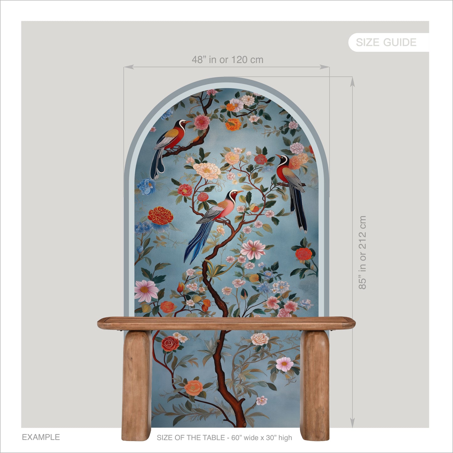 Chinoiserie Floral Birds Peel & Stick Arch Wallpaper – Blue Botanical Wall Mural