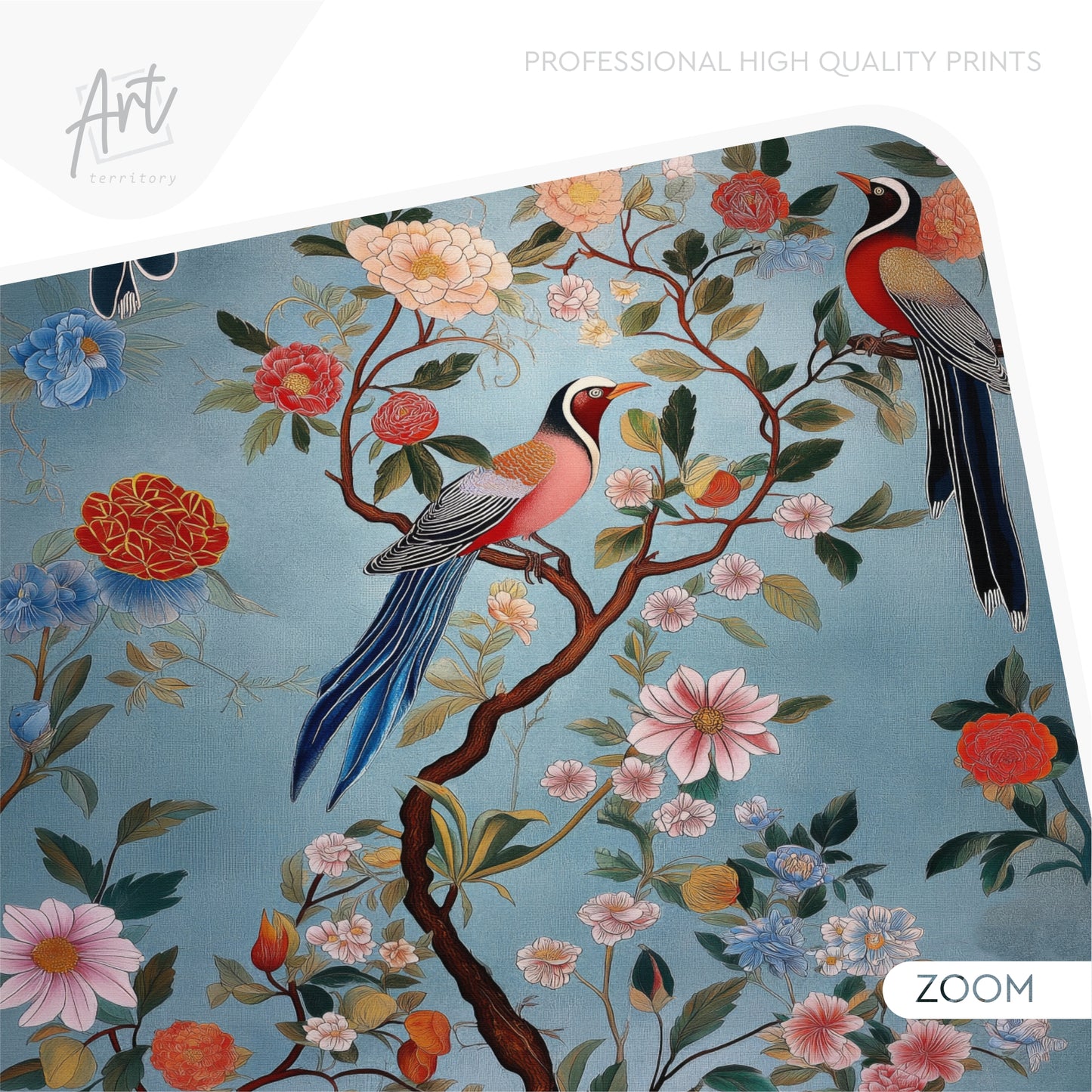 Chinoiserie Floral Birds Peel & Stick Arch Wallpaper – Blue Botanical Wall Mural
