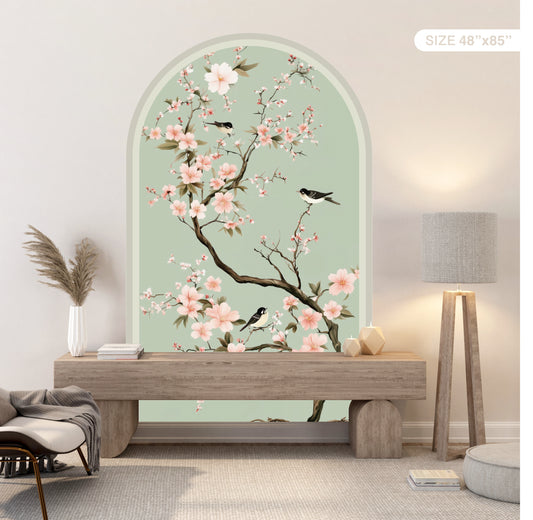 Chinoiserie Cherry Blossom Peel & Stick Arch Wallpaper – Mint Floral Bird Wall Mural