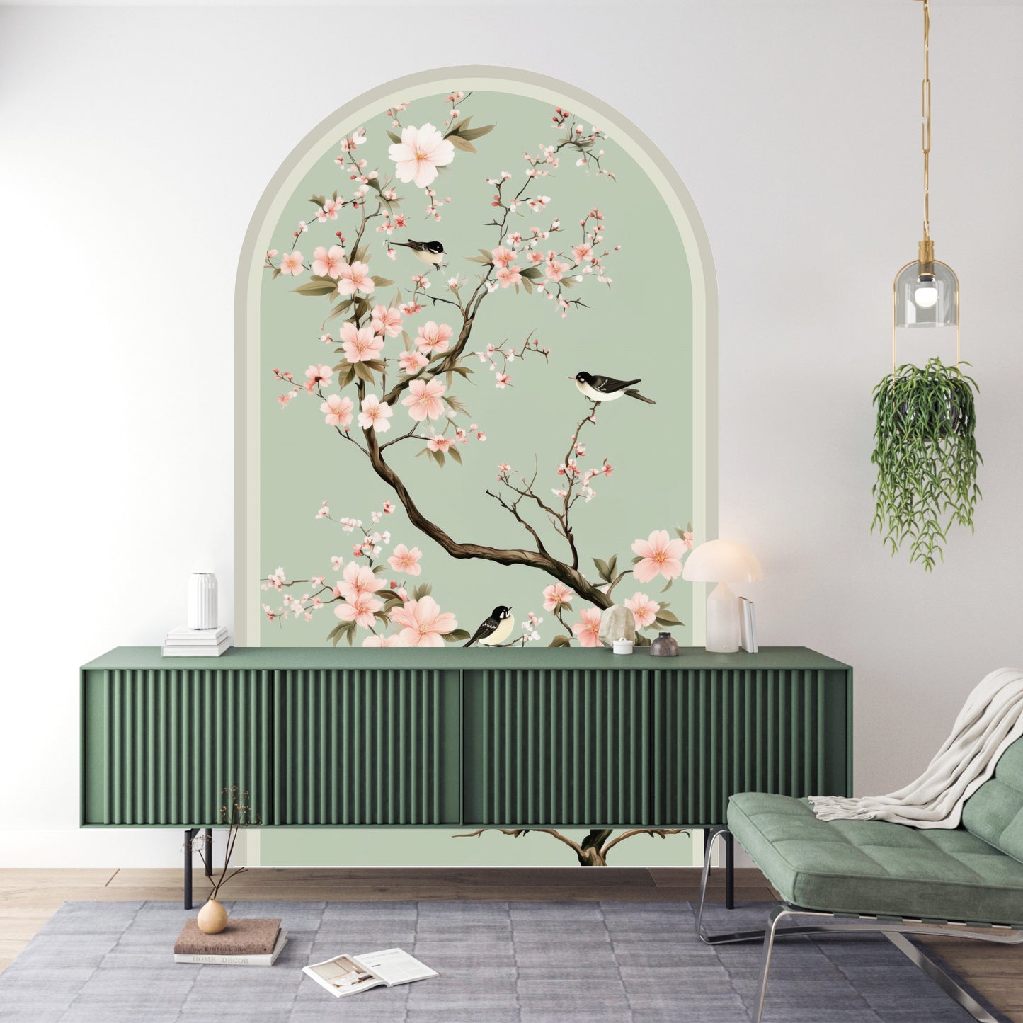 Chinoiserie Cherry Blossom Peel & Stick Arch Wallpaper – Mint Floral Bird Wall Mural