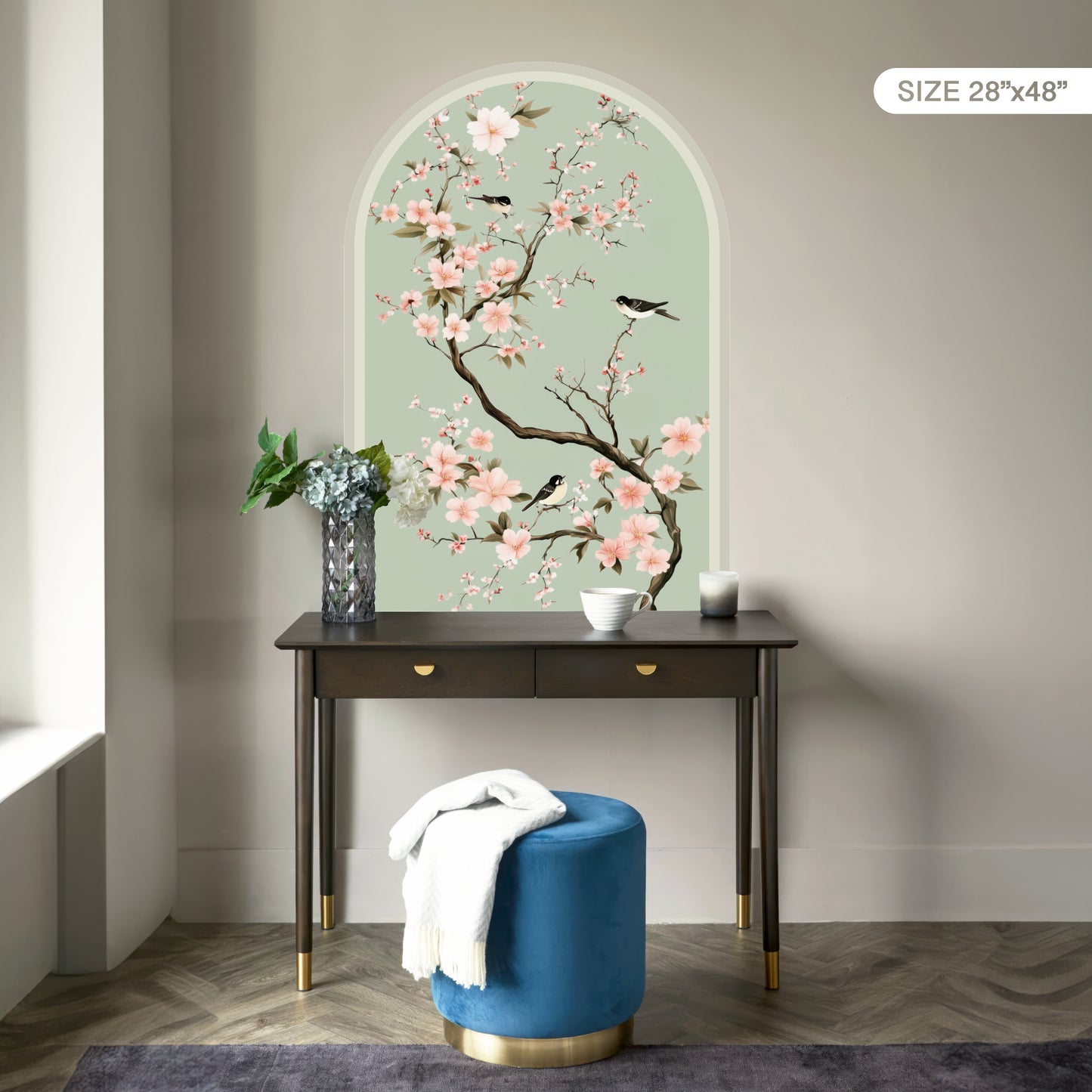 Chinoiserie Cherry Blossom Peel & Stick Arch Wallpaper – Mint Floral Bird Wall Mural