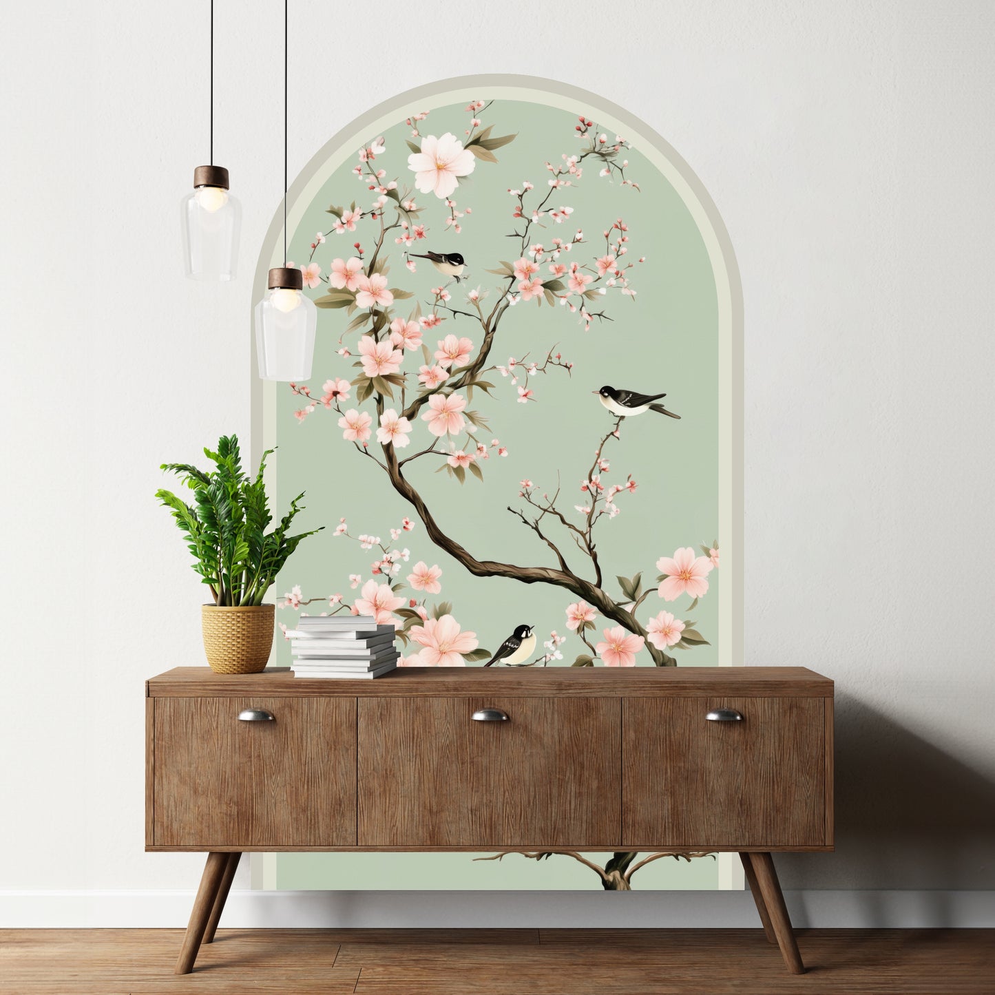 Chinoiserie Cherry Blossom Peel & Stick Arch Wallpaper – Mint Floral Bird Wall Mural