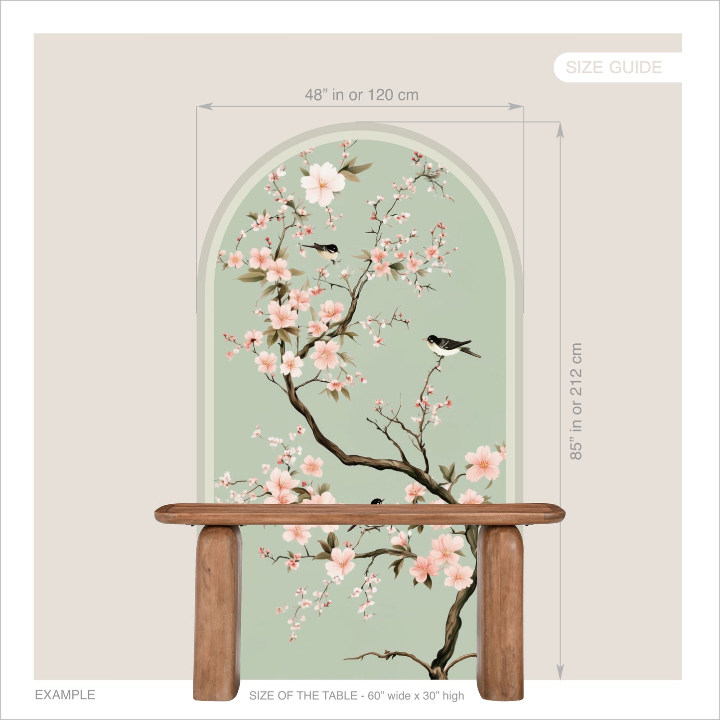 Chinoiserie Cherry Blossom Peel & Stick Arch Wallpaper – Mint Floral Bird Wall Mural
