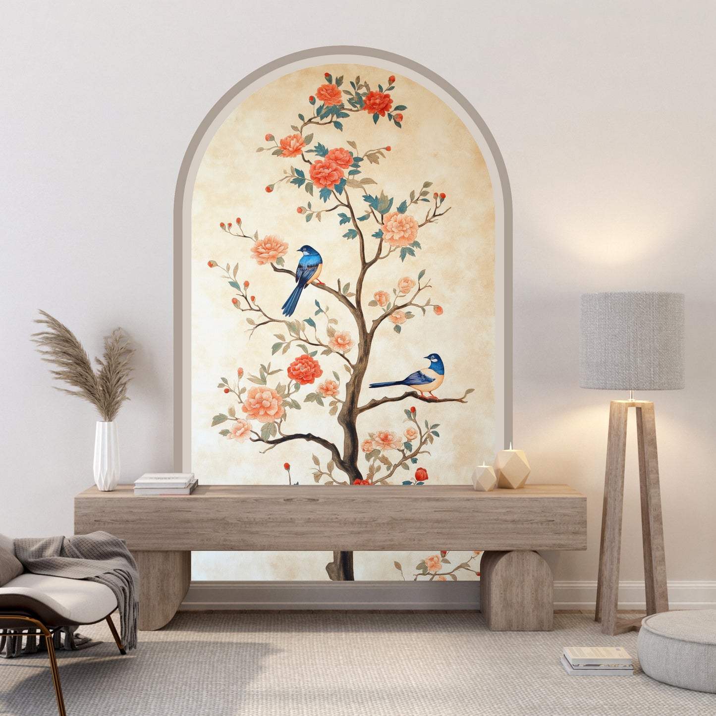 Chinoiserie Floral Tree Peel & Stick Arch Wallpaper – Removable Bird Wall Mural