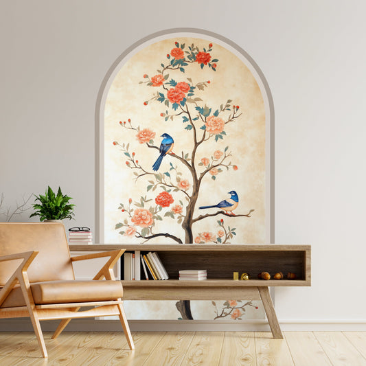 Chinoiserie Floral Tree Peel & Stick Arch Wallpaper – Removable Bird Wall Mural