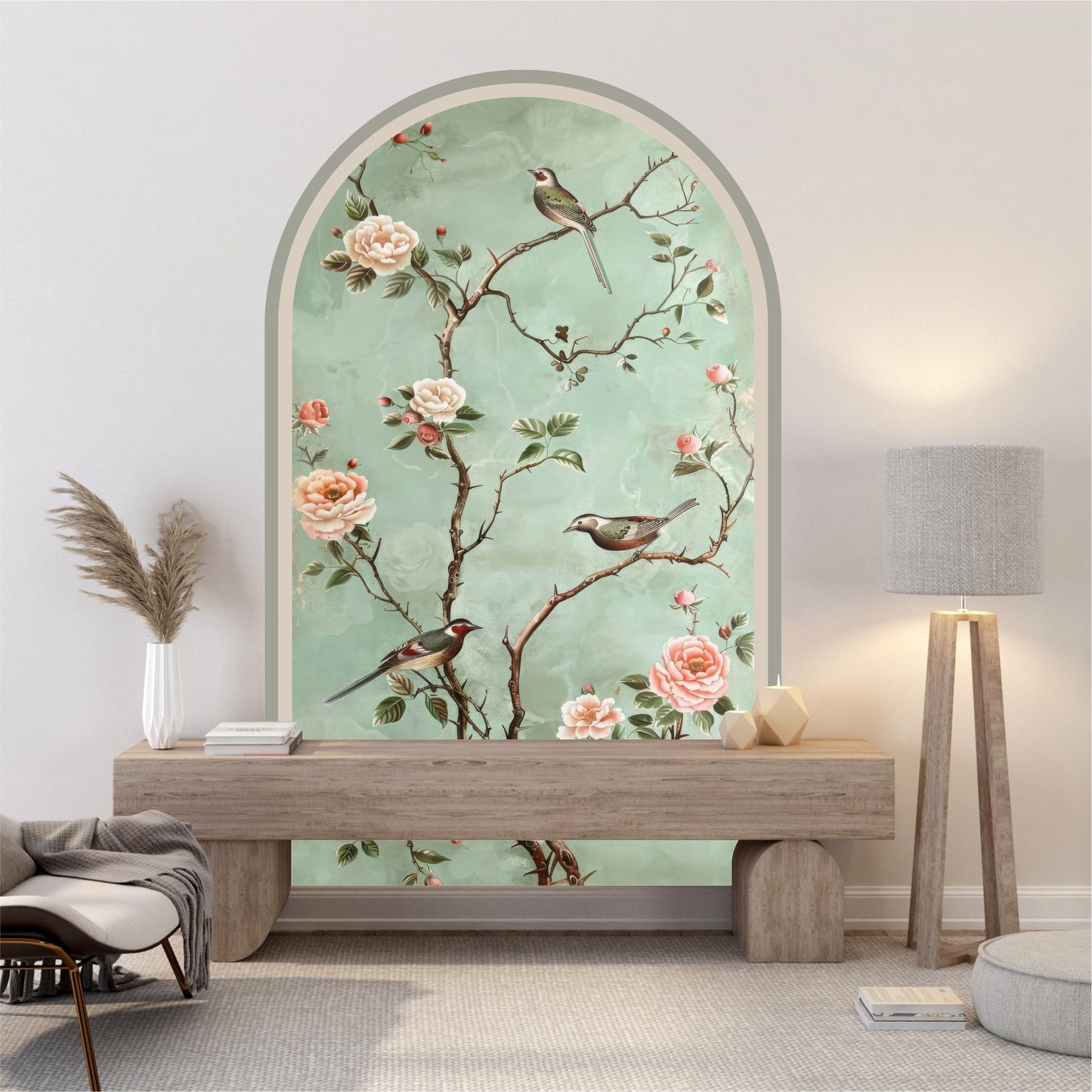 Chinoiserie Floral Bird Peel & Stick Arch Wallpaper – Removable Botanical Wall Mural