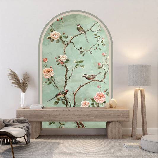 Chinoiserie Floral Bird Peel & Stick Arch Wallpaper – Removable Botanical Wall Mural