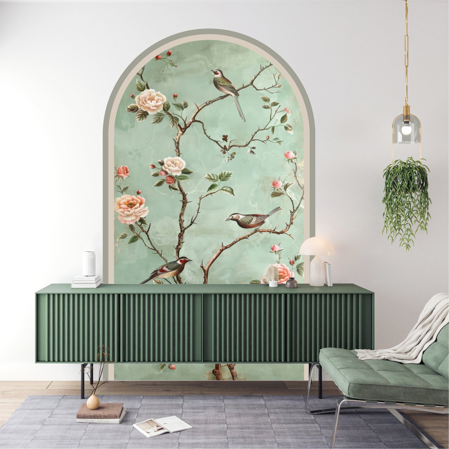 Chinoiserie Floral Bird Peel & Stick Arch Wallpaper – Removable Botanical Wall Mural