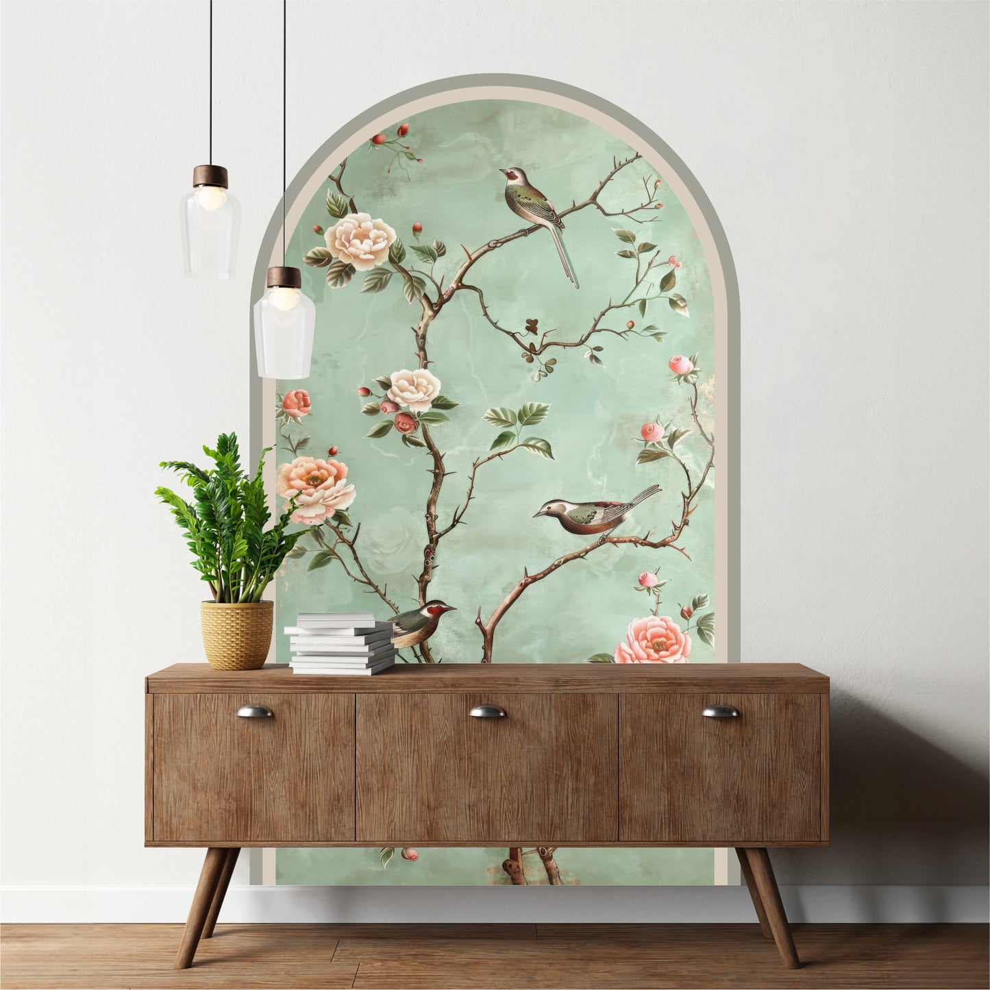 Chinoiserie Floral Bird Peel & Stick Arch Wallpaper – Removable Botanical Wall Mural