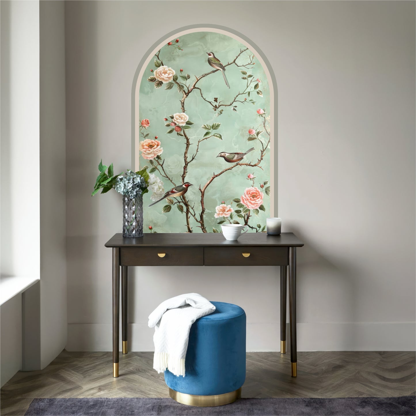 Chinoiserie Floral Bird Peel & Stick Arch Wallpaper – Removable Botanical Wall Mural