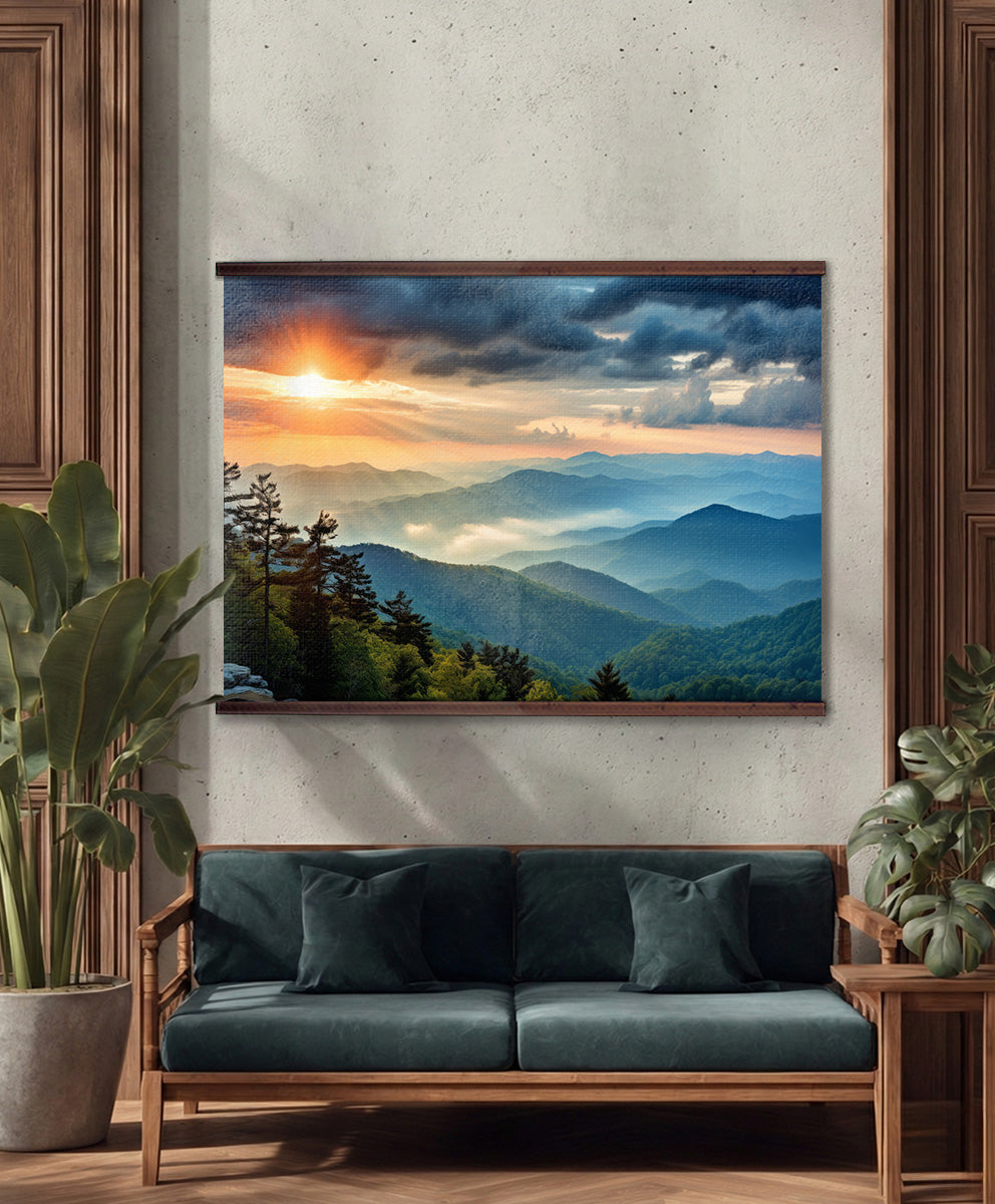 Blue Ridge Mountains Sunset Wall Hanging — Scenic Landscape Tapestry Art | Extra Large, Ready to Hang