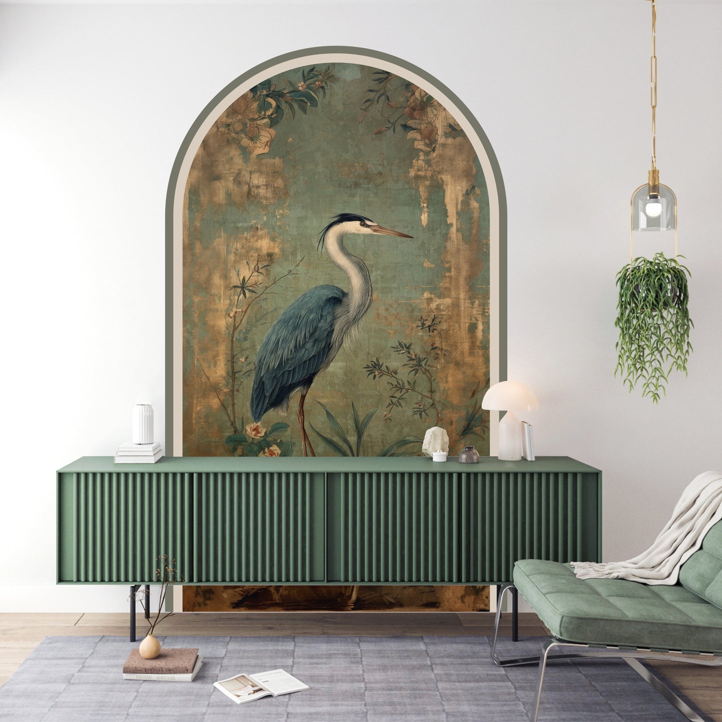 Vintage Heron Peel & Stick Arch Wallpaper – Removable Botanical Wall Mural