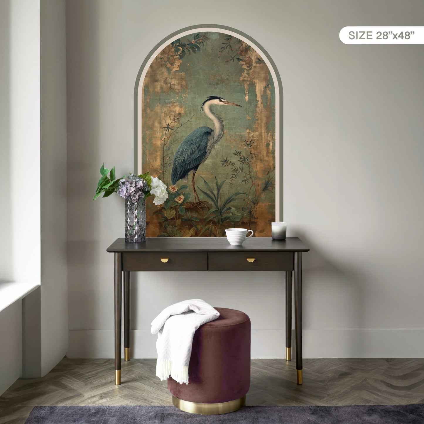 Vintage Heron Peel & Stick Arch Wallpaper – Removable Botanical Wall Mural