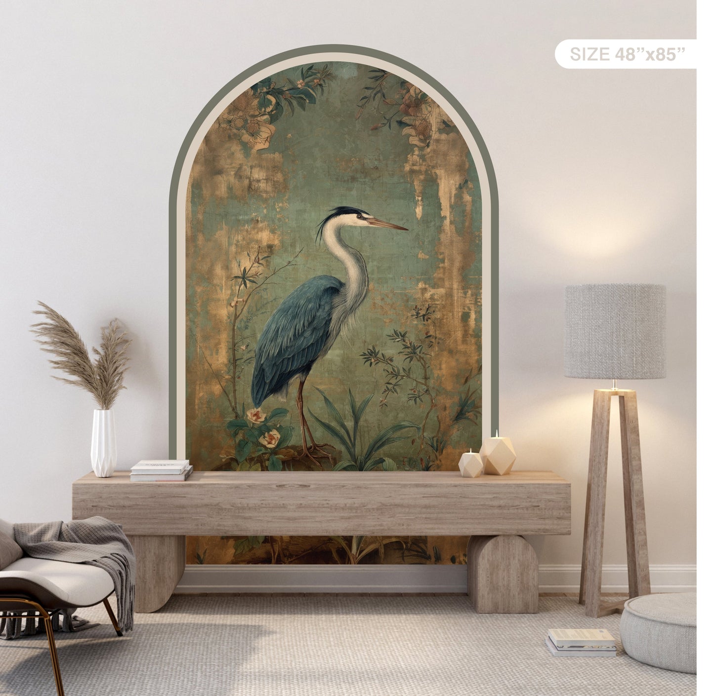 Vintage Heron Peel & Stick Arch Wallpaper – Removable Botanical Wall Mural
