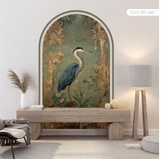 Vintage Heron Peel & Stick Arch Wallpaper – Removable Botanical Wall Mural