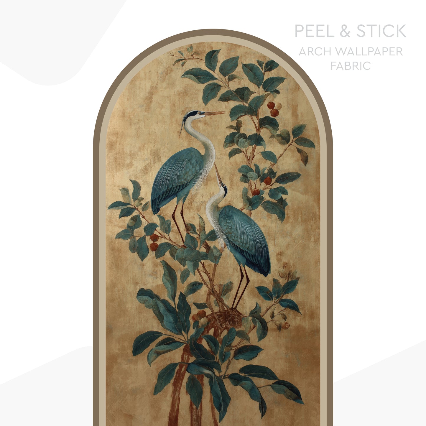 Blue Herons Peel & Stick Arch Wallpaper – Vintage Botanical Removable Wall Mural