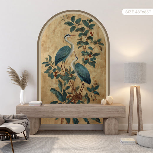 Blue Herons Peel & Stick Arch Wallpaper – Vintage Botanical Removable Wall Mural