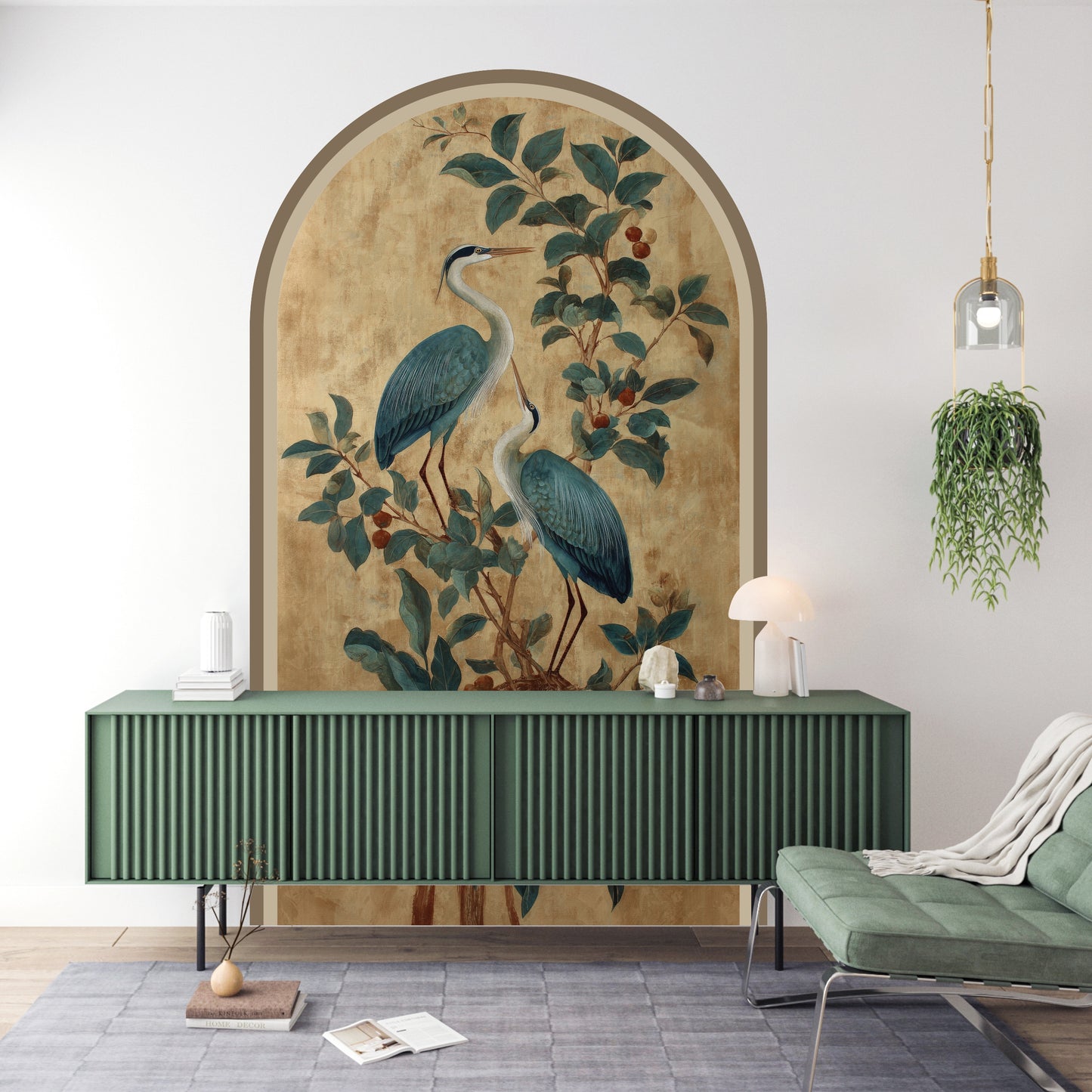Blue Herons Peel & Stick Arch Wallpaper – Vintage Botanical Removable Wall Mural