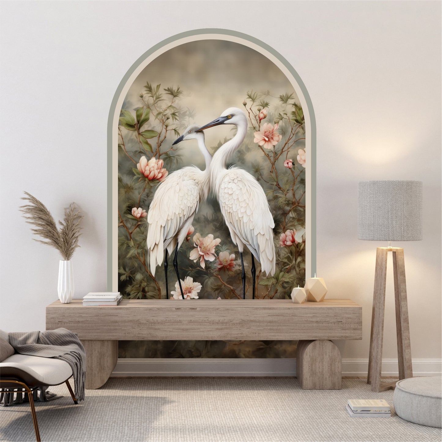 Elegant White Herons Peel & Stick Arch Wallpaper – Removable Botanical Wall Mural