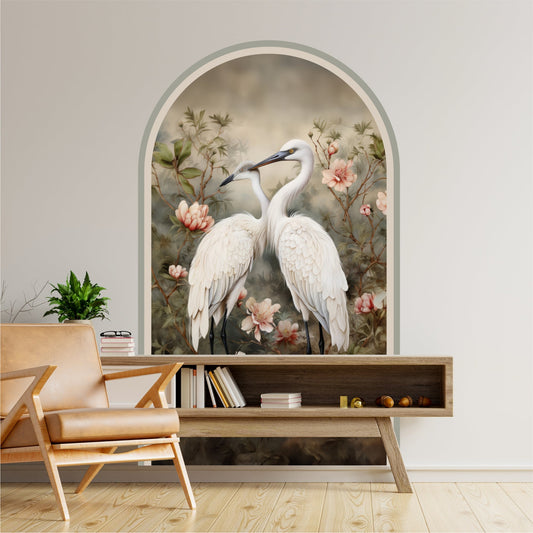 Elegant White Herons Peel & Stick Arch Wallpaper – Removable Botanical Wall Mural
