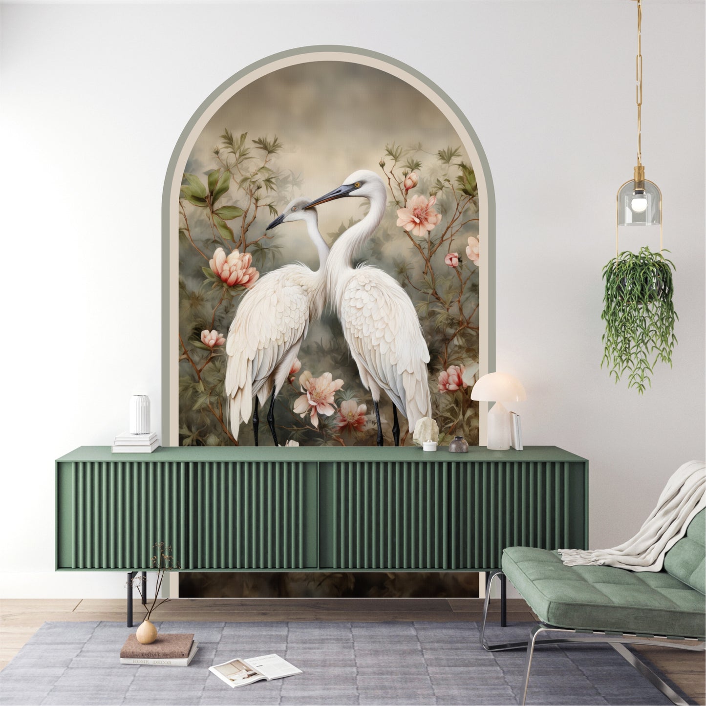 Elegant White Herons Peel & Stick Arch Wallpaper – Removable Botanical Wall Mural