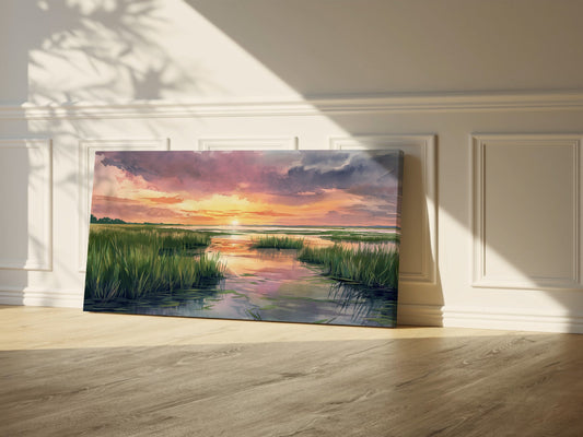 Marsh Sunset Wrapped Canvas — Pastel Landscape Wall Art | Serene Coastal Nature Décor