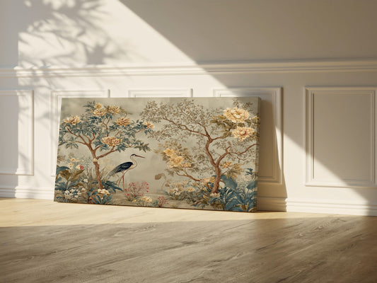 Chinoiserie Garden Wrapped Canvas — Vintage Botanical Wall Art with Crane | Elegant Floral Décor
