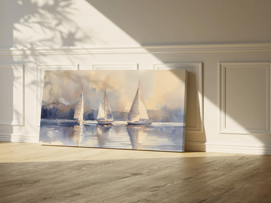 Sailboat Wrapped Canvas — Extra Large Coastal Watercolor Wall Art | Calm Nautical Décor
