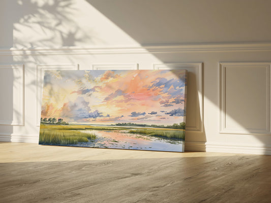 Marsh Sunset Landscape Canvas | Coastal Wall Art | Pastel Sky Nature Print