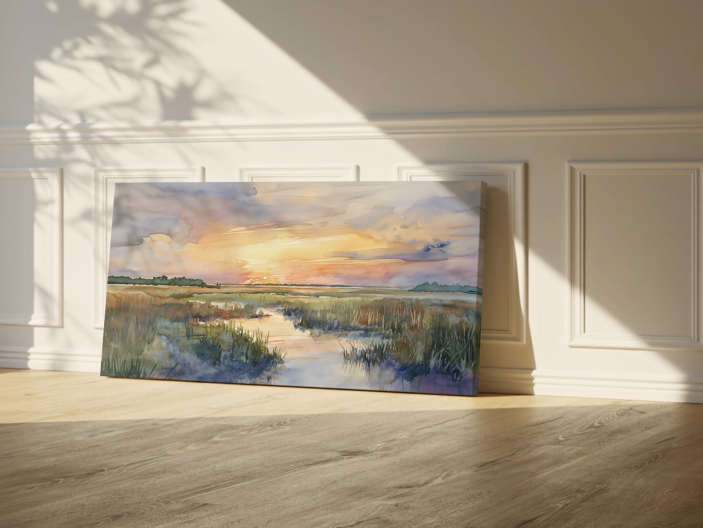 Watercolor Marsh Sunset Wrapped Canvas — Soft Coastal Landscape Wall Art | Serene Nature Décor