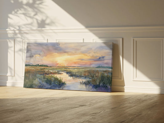 Watercolor Marsh Sunset Wrapped Canvas — Soft Coastal Landscape Wall Art | Serene Nature Décor