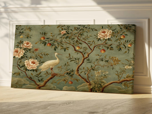 Chinoiserie Crane Wrapped Canvas — Vintage Botanical Wall Art | Elegant Floral Décor