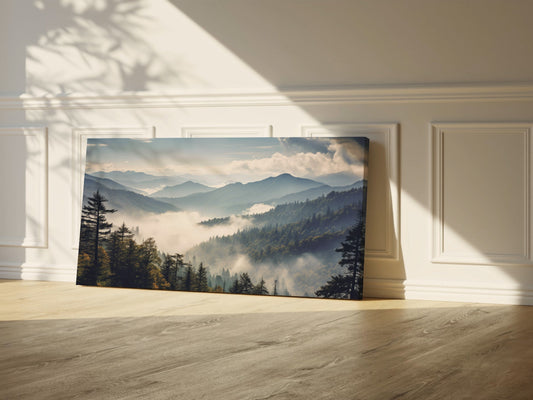 Misty Mountain Valley Wrapped Canvas — Serene Forest Landscape Wall Art | Calm Nature Décor
