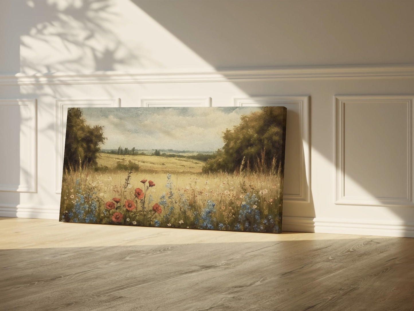 Countryside Wildflower Wrapped Canvas — Soft Summer Landscape Wall Art | Cozy Nature Décor